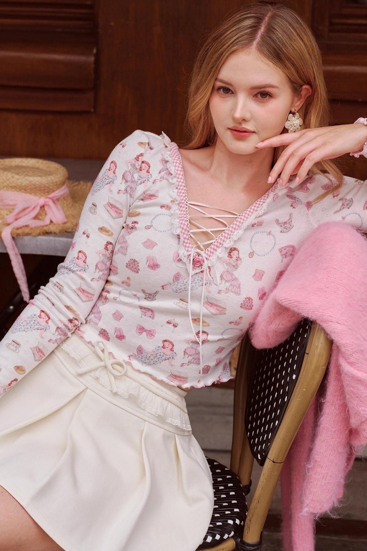 Lace V-Neck Top With Skirt Set-Up