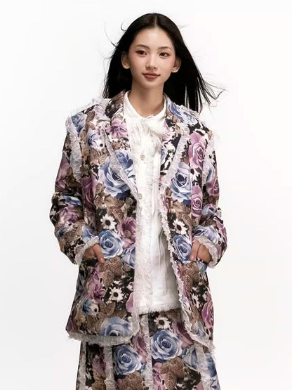 Colorful printed patchwork tweed blazer