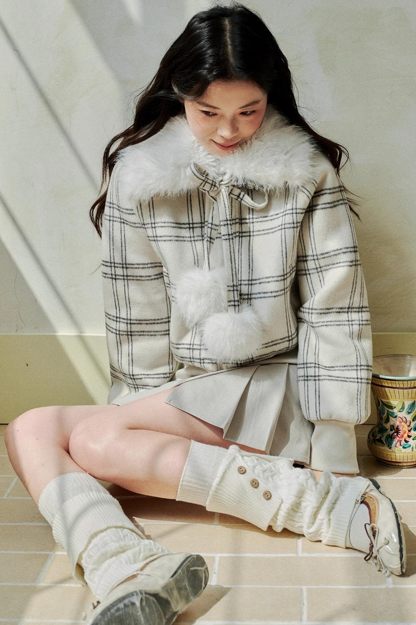 Original White Check Wool Short Coat