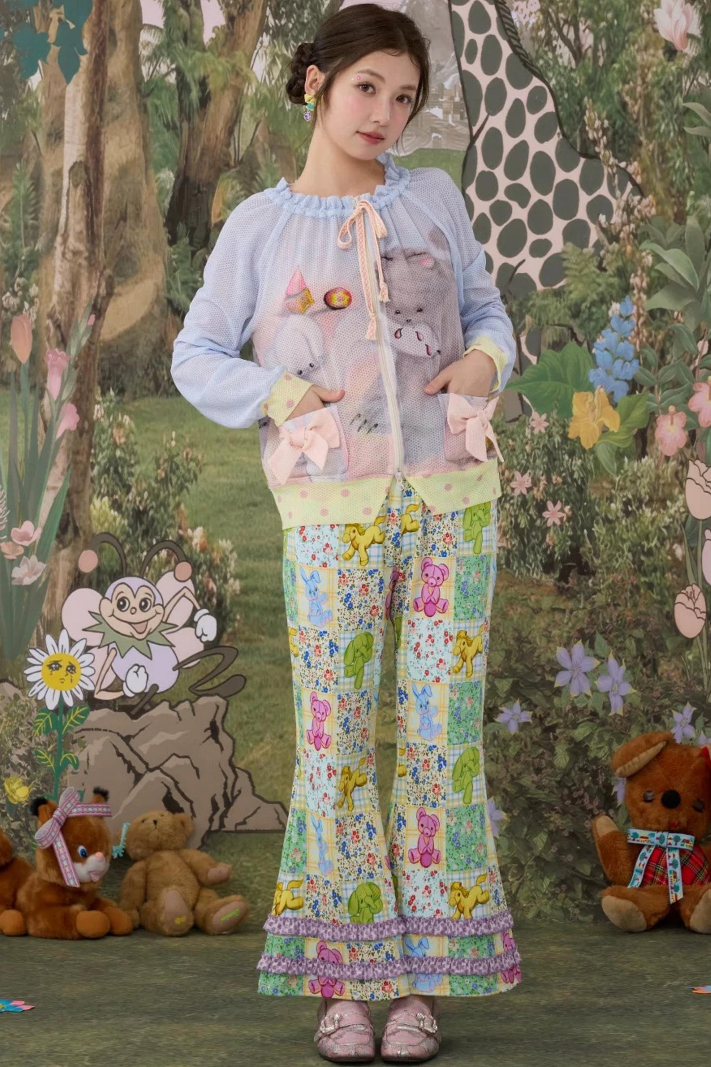 Elastic Floral Cotton Flared Pants