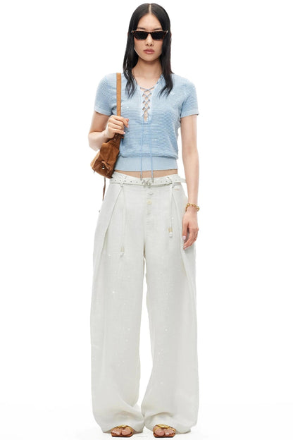 Vintage Openwork Knit V-Neck Tie-Up T-Shirt