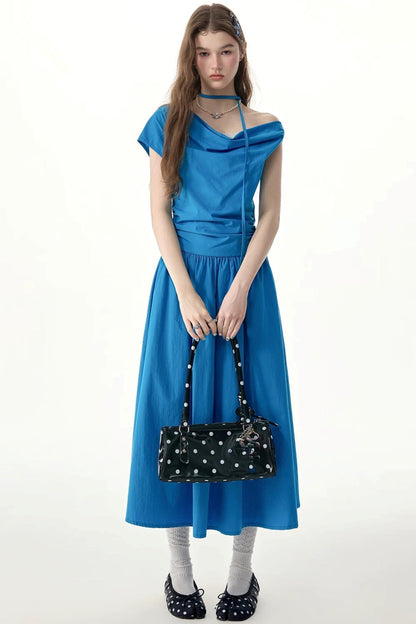 Blaues langes Kleid mit Swing-Kragen
