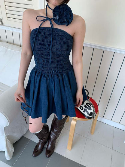 Denim Flower Choker & Tube Top One Piece