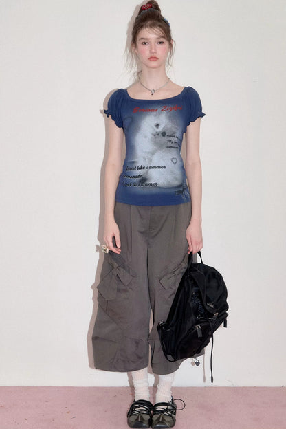 Dark Blue Puff Sleeve T-Shirt