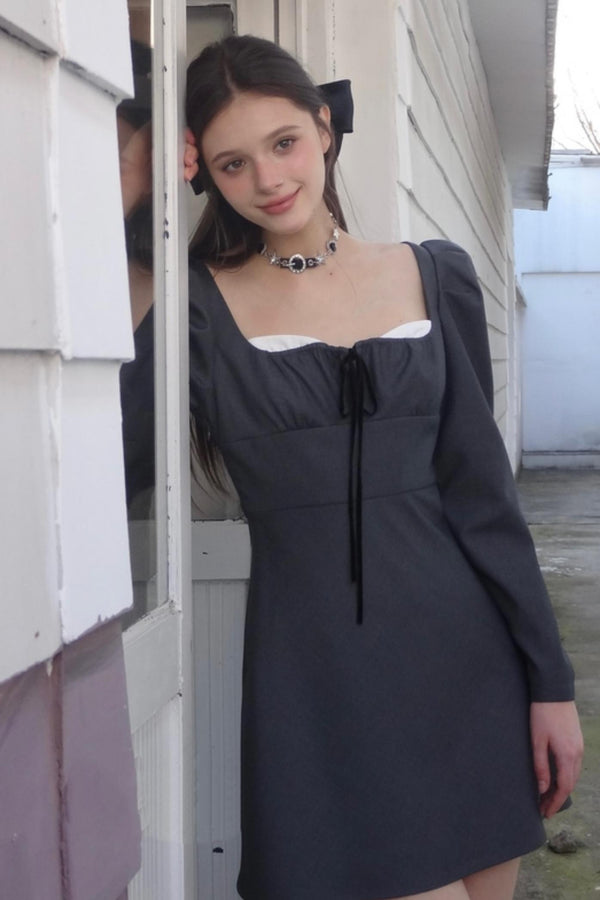 Vintage Gray Bubble Sleeve Dress