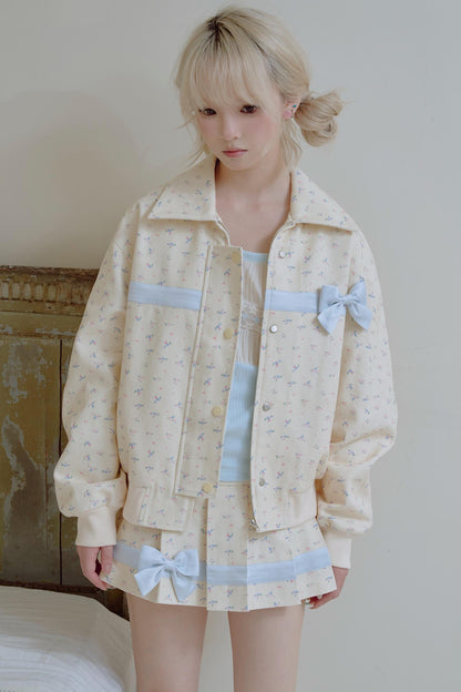 Beige Floral Blue Bow Jacket Set-Up