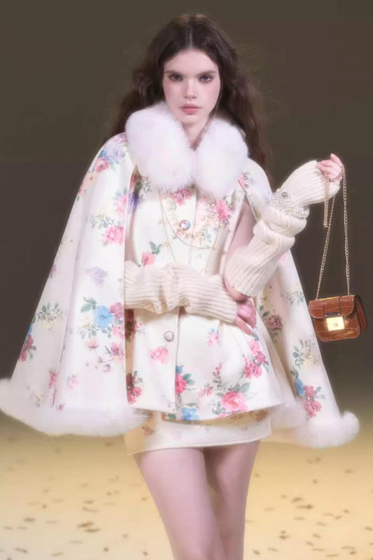 Vintage Flower Print Woolen Coat Set-Up