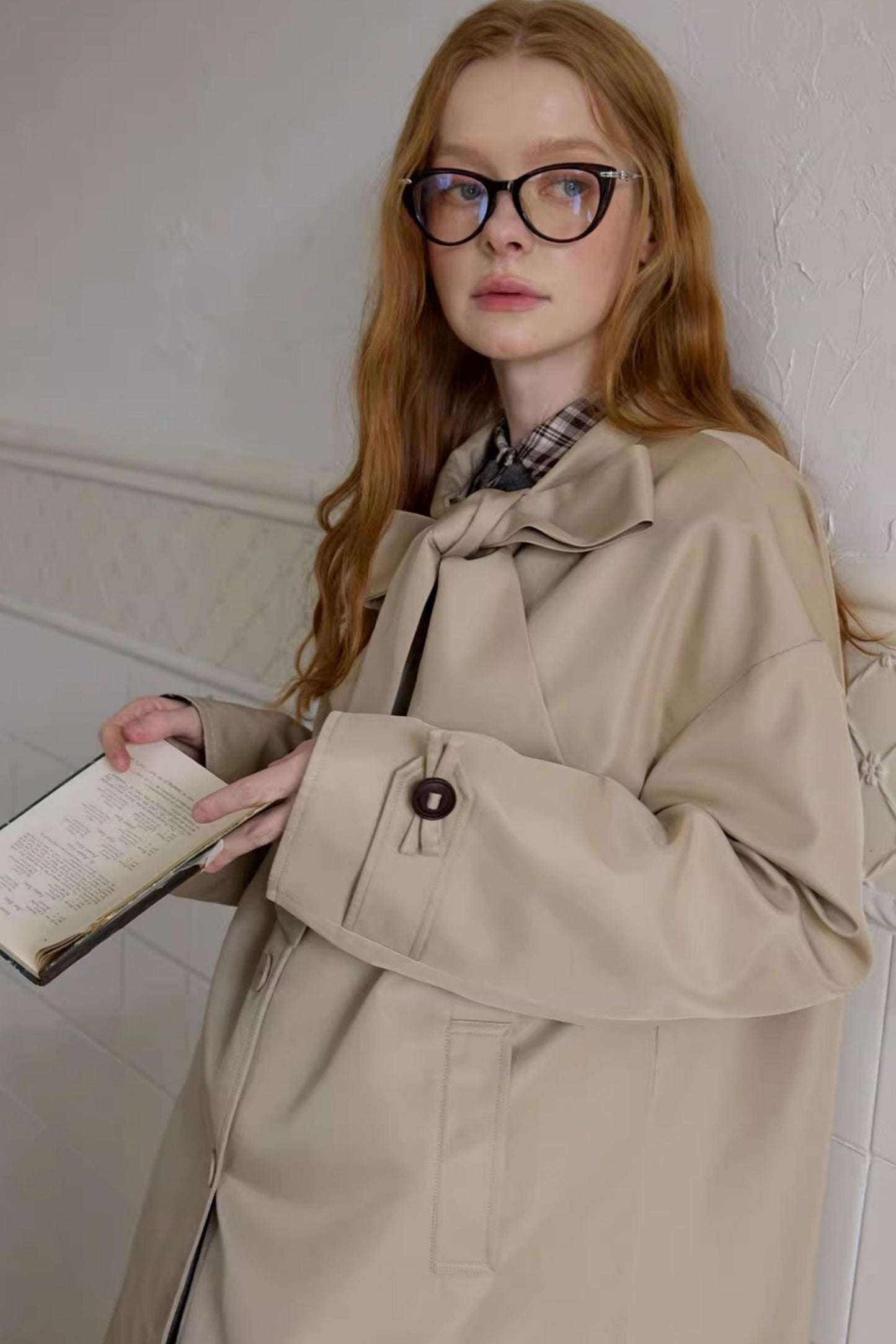 Vintage Bow Plaid Trench Coat