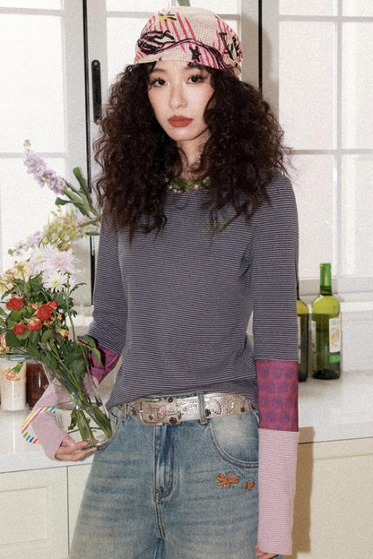 Striped Color-Blocking Slim T-Shirt