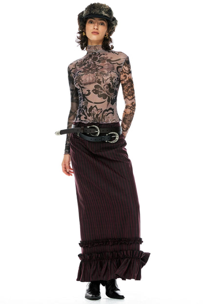 Striped Lace Straight Long Skirt