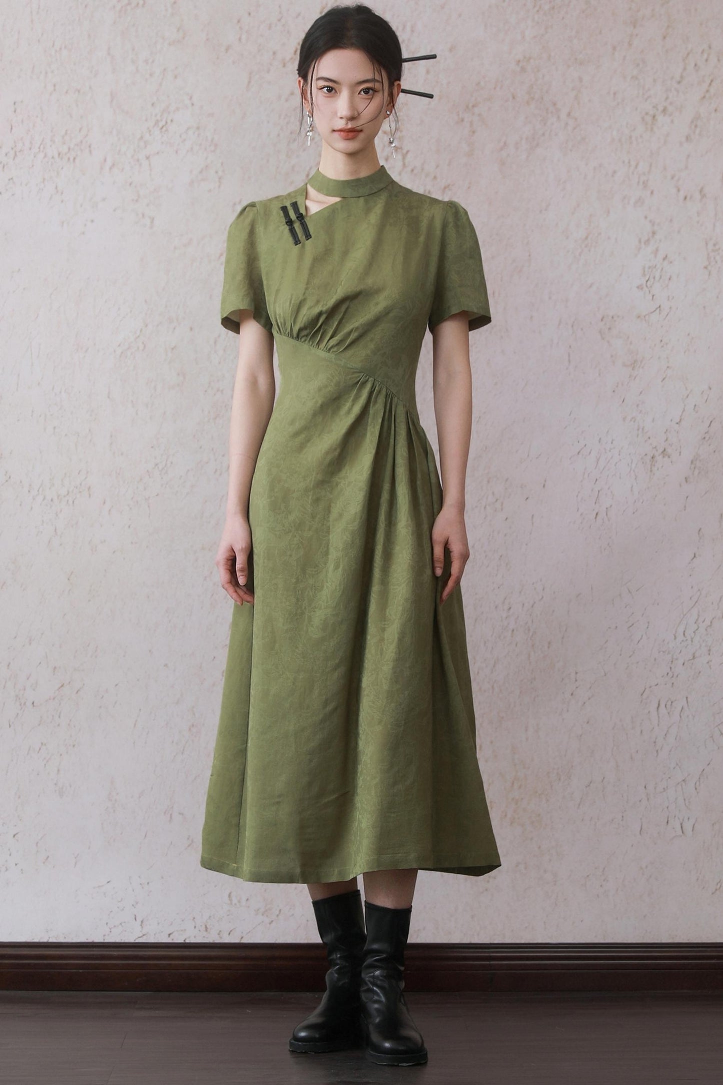 Plum Green Button Dress