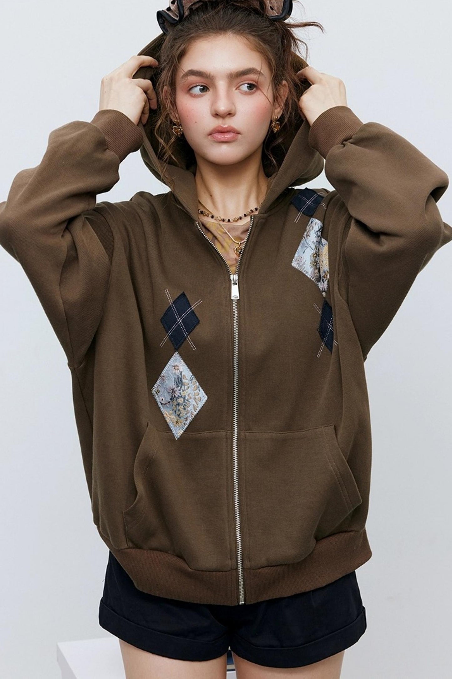 Diamond Check Hooded Cardigan