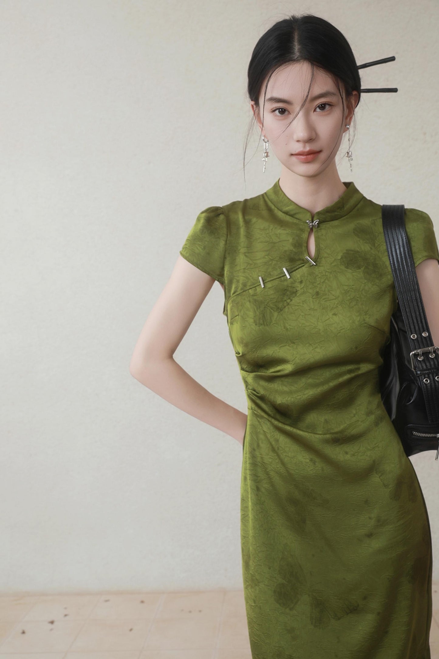 Summer Green Satin Cheongsam Dress