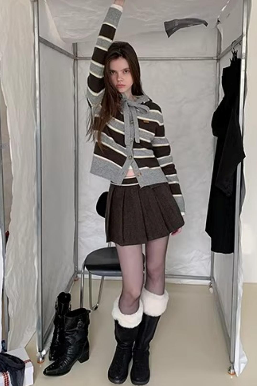 Brown Woolen Pleated Skirt