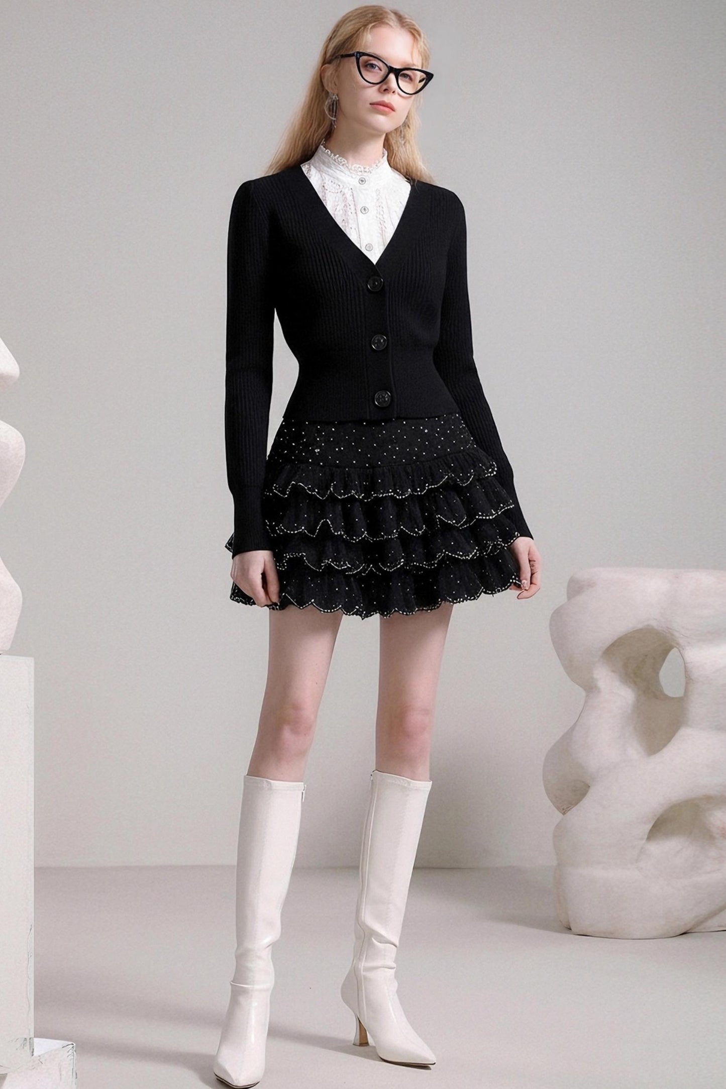 Autumn V-Neck Knitted Cardigan Skirt Set-Up