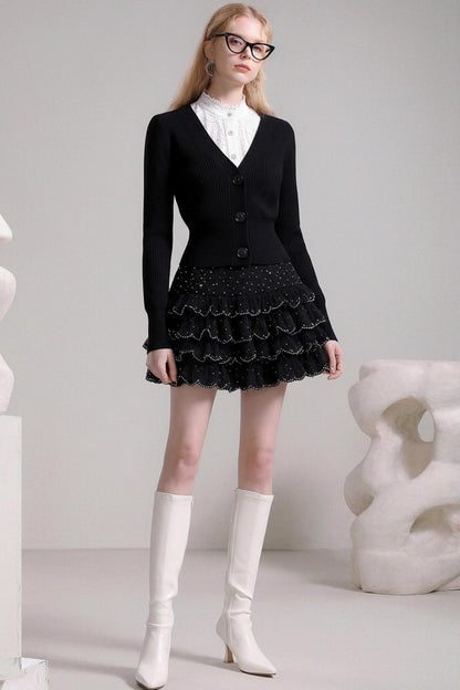 Autumn V-Neck Knitted Cardigan Skirt Set-Up