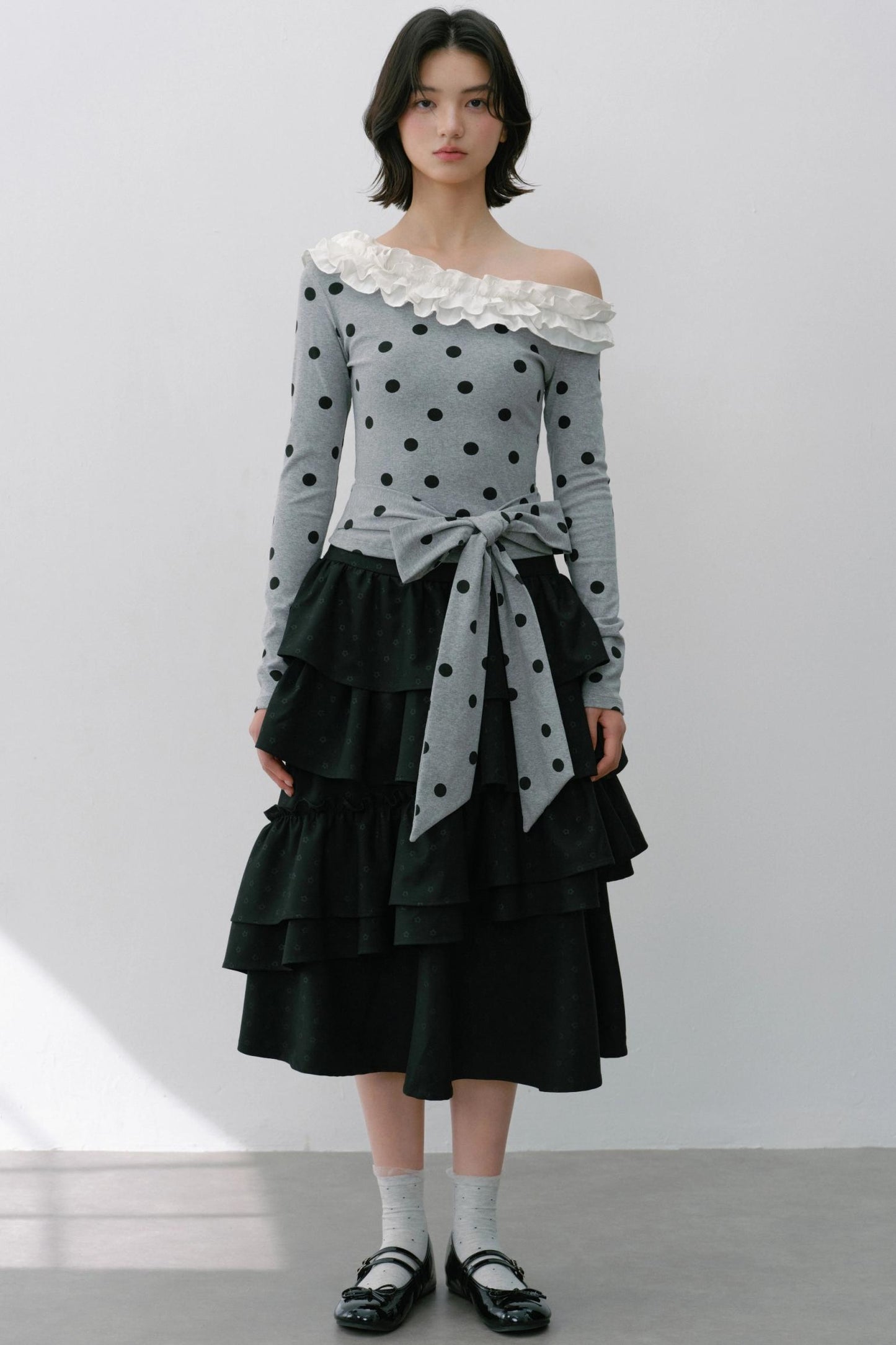 Slanted Polka Dot Long-Sleeved T-Shirt