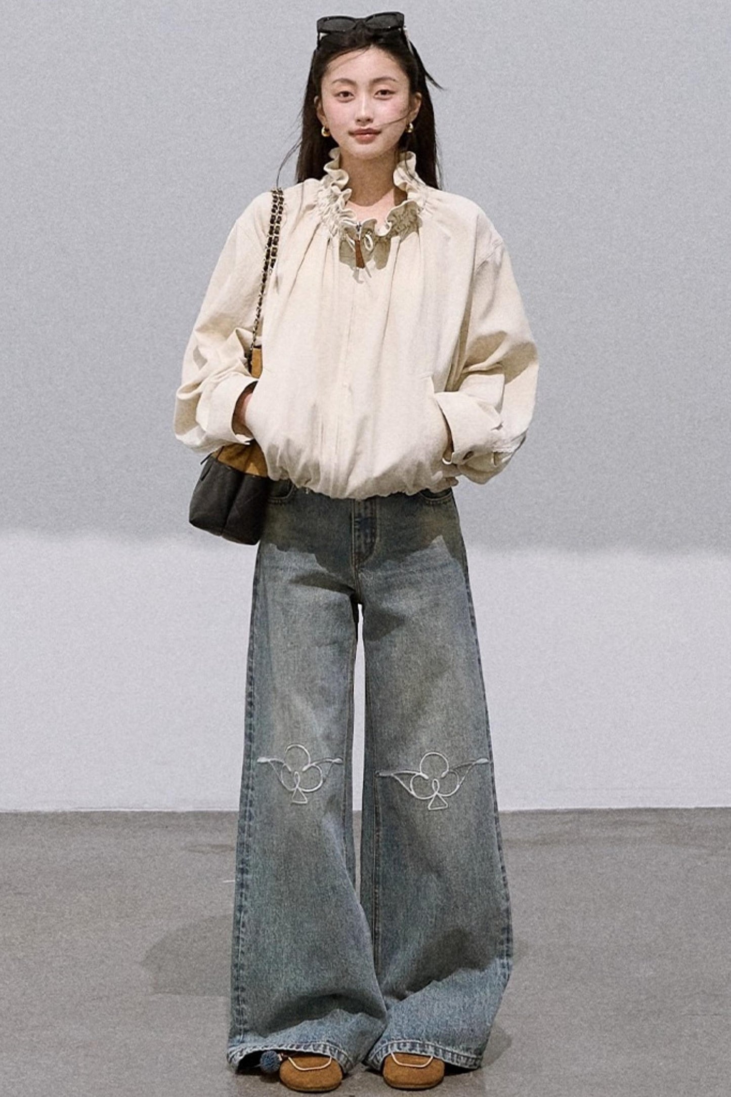 Laser-Cut Flower Vintage Wide-Leg Jeans