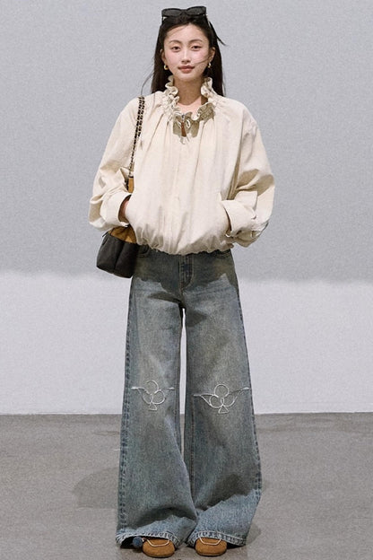 Laser-Cut Flower Vintage Wide-Leg Jeans