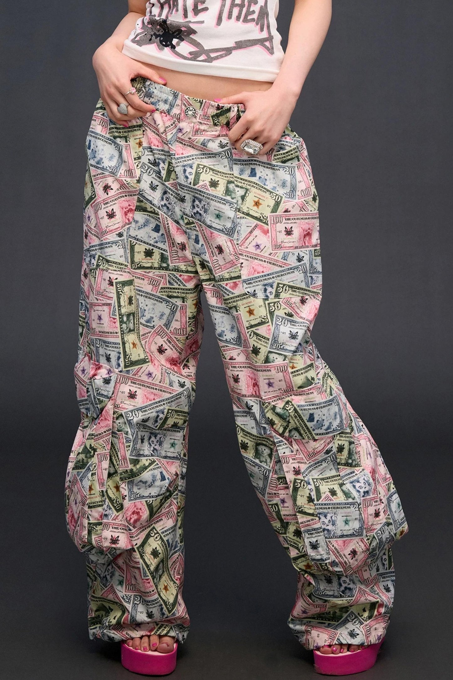 Money Print Wide-Leg Pants