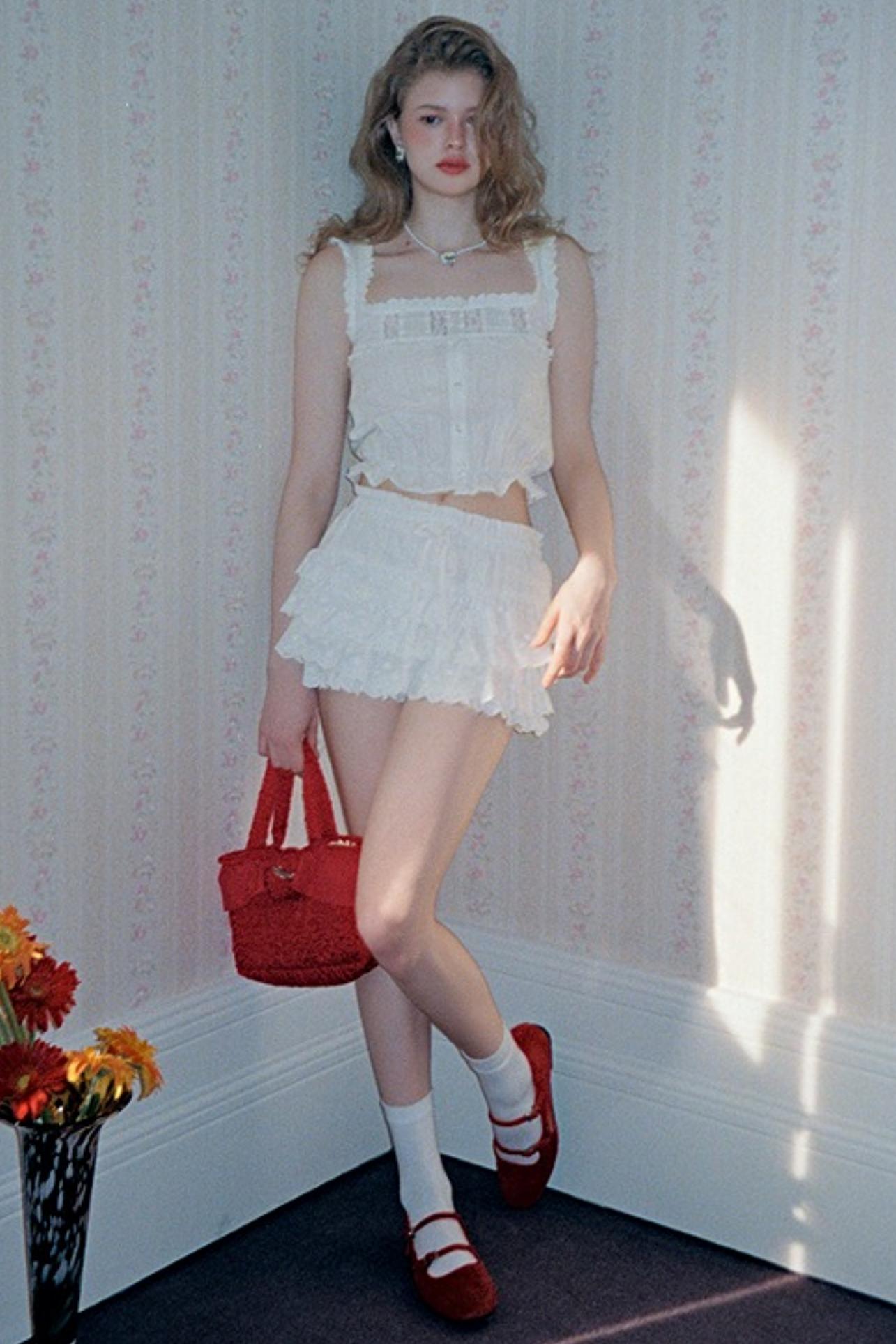 Square-Neck Vest Cropped A-Line Puffed Skirt Set-Up