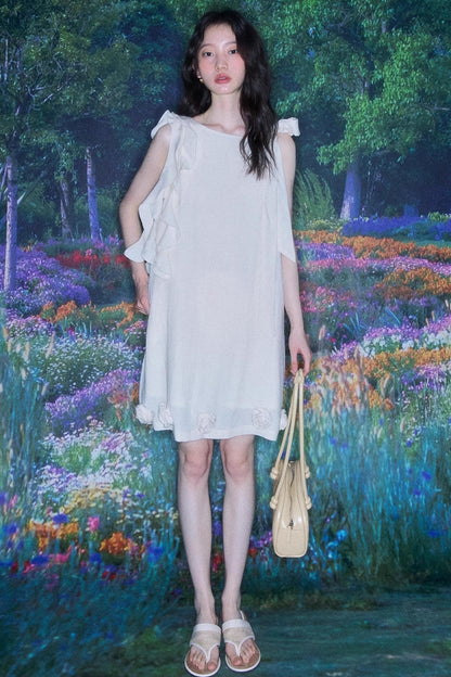 Three-Dimensional Rose Lace Linen-Blend Dress