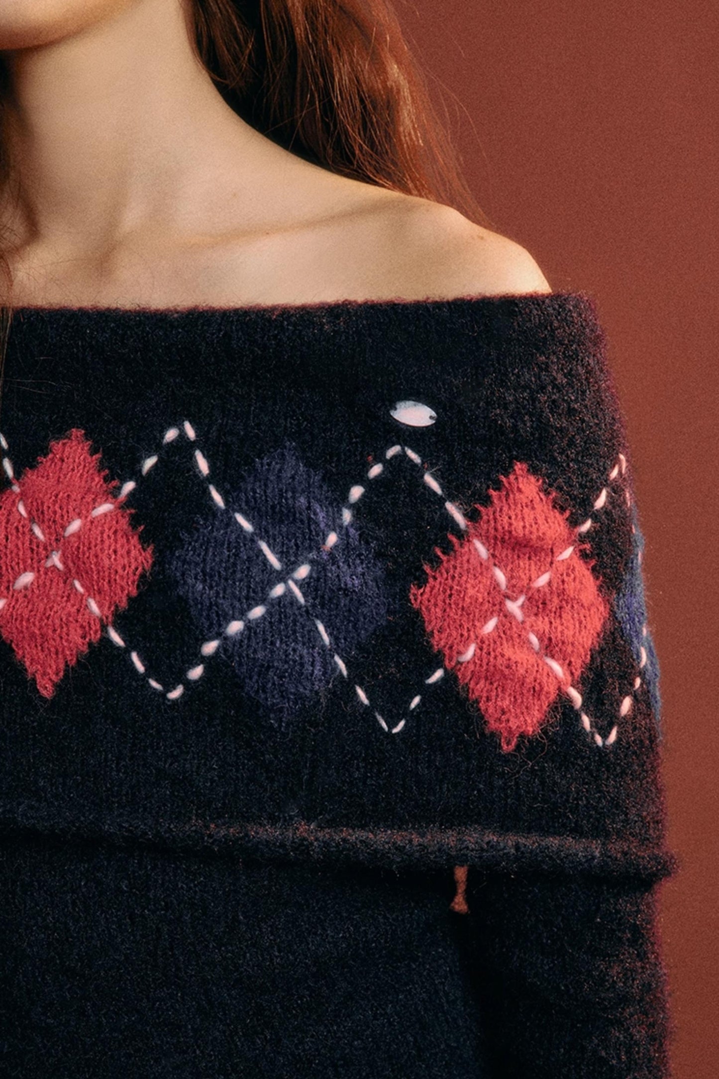 Vintage Argyle Off-Shoulder Sweater