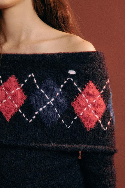 Vintage Argyle Off-Shoulder Sweater