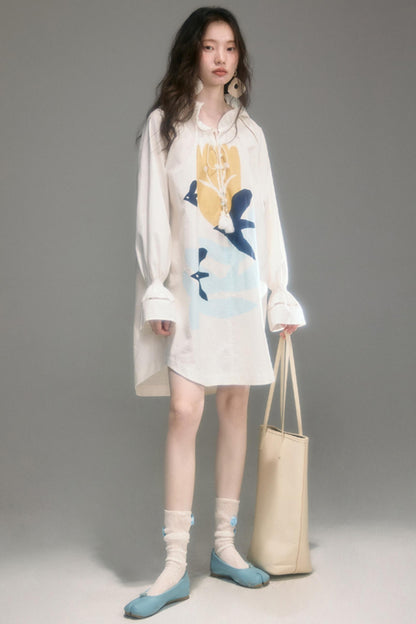 Tulip Bird Print Wood Ear Collar Long Top