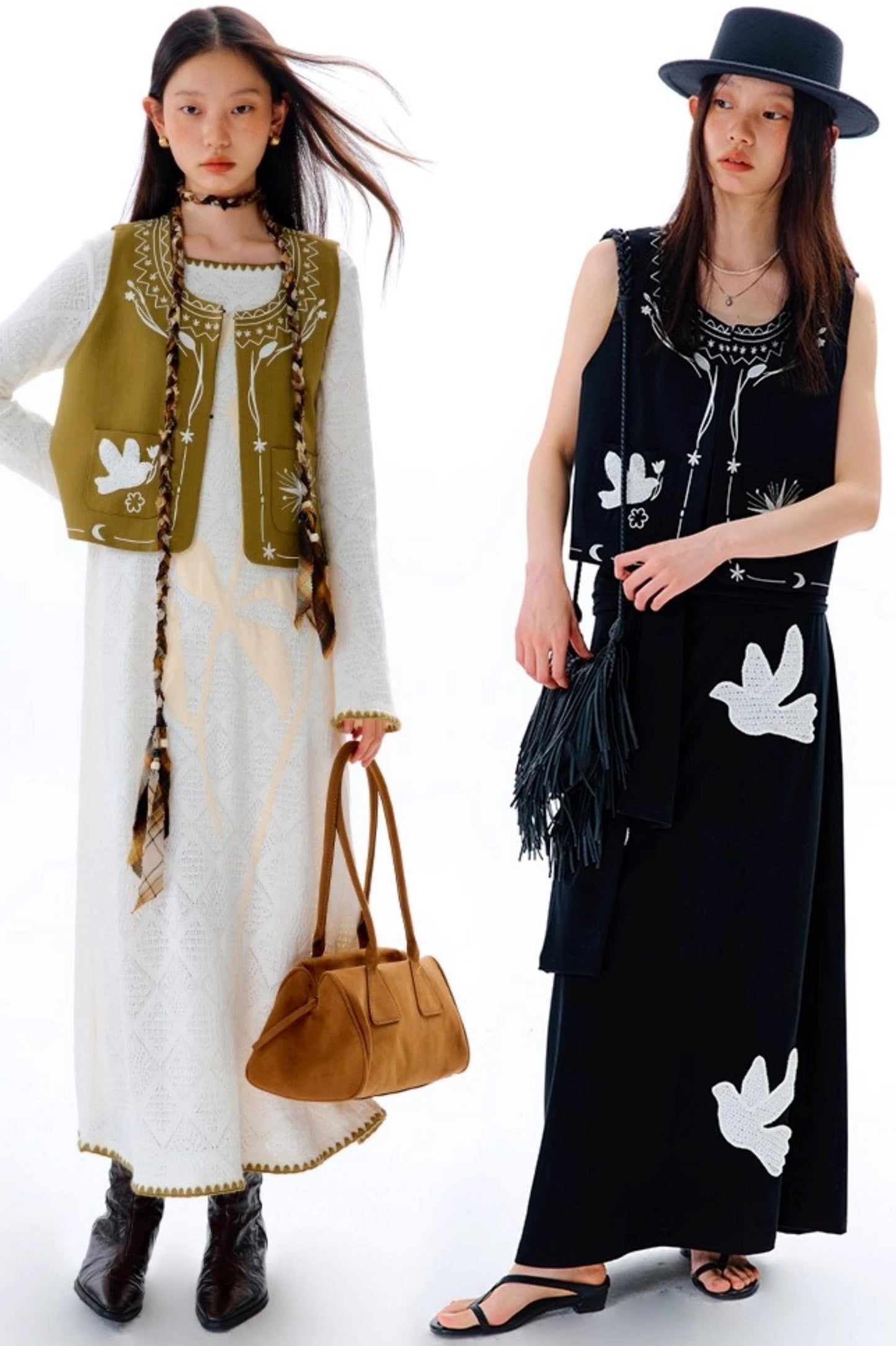 Bright Star Vintage Bird Embroidery Wool Jacket Set-Up