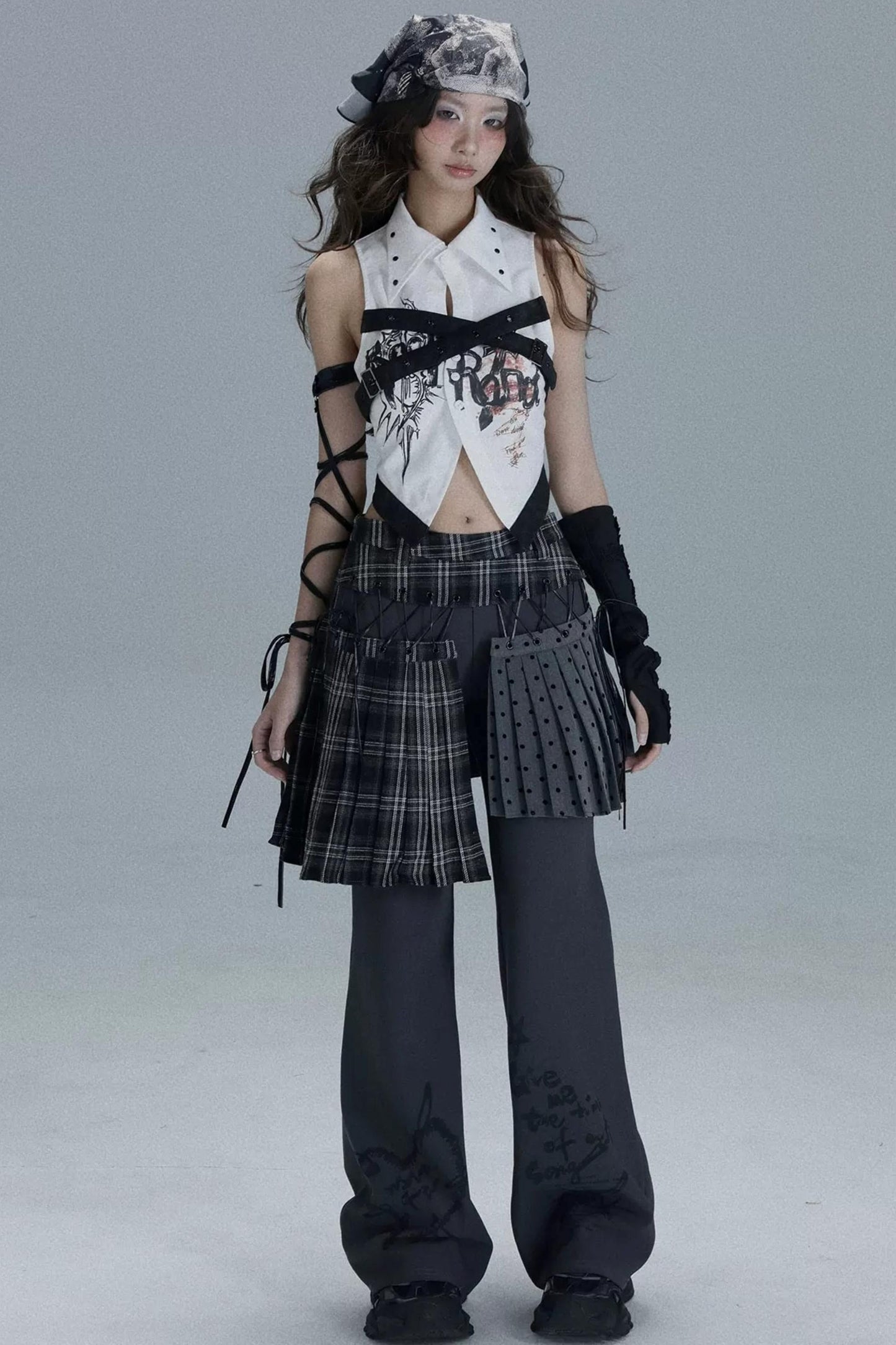 Layered Plaid Skirt Pants