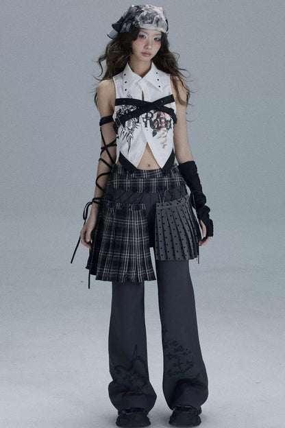 Layered Plaid Skirt Pants