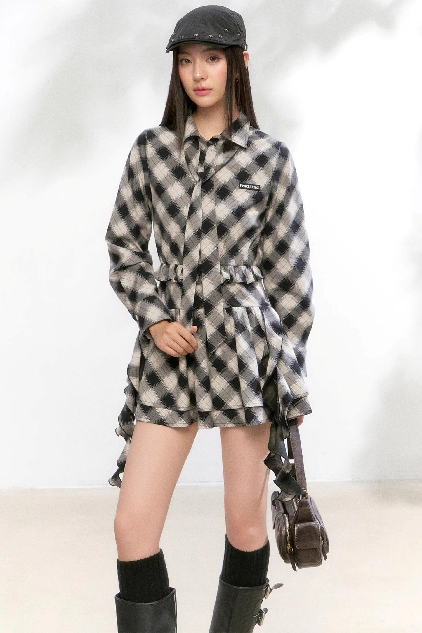 Plaid Diagonal Cut Long-Sleeved Shirt Dress