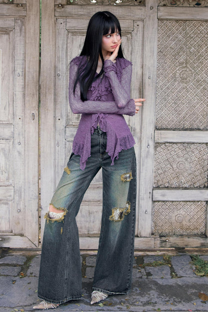 Summer Lace Ruffle Knit Top