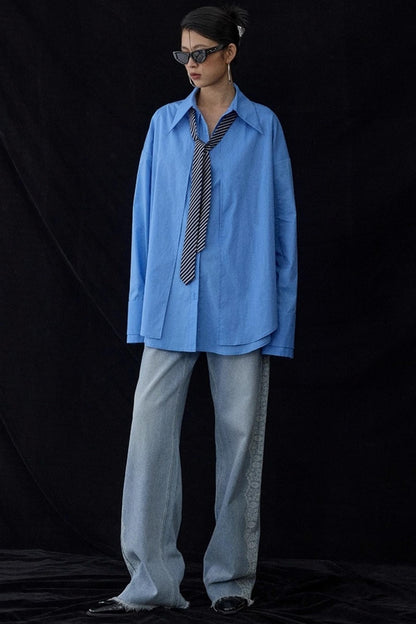 Blue Pointed Long-Sleeved Shirt