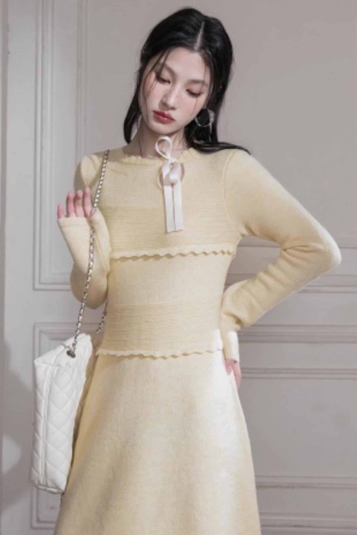 Cream Gray Lace Wool Dress