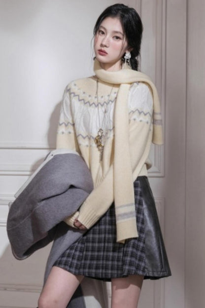 Jacquard Wool Sweater With Scarf Set