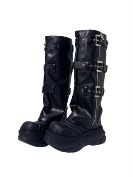 Punk Style Triple Belt Platform Long Boots