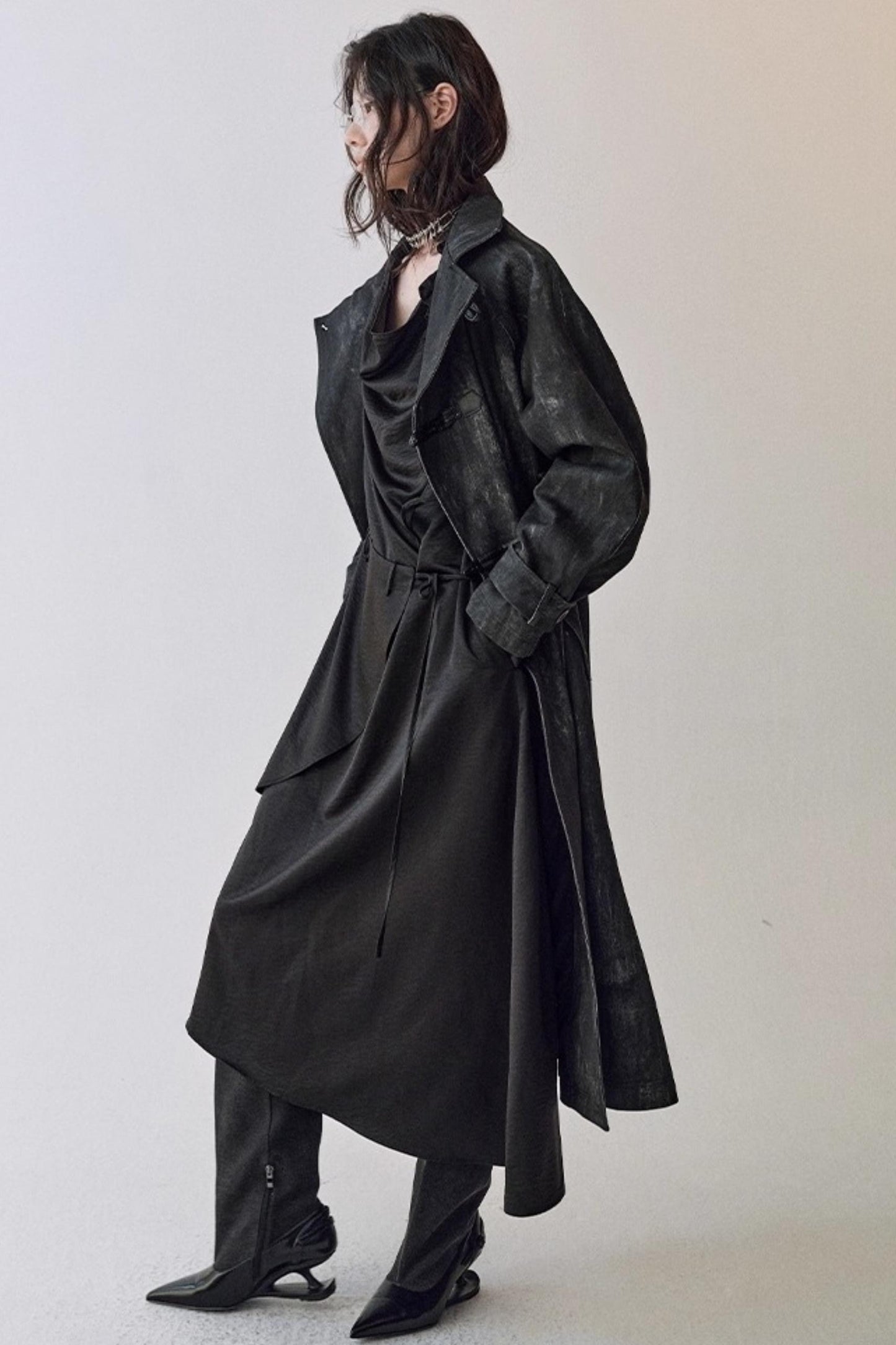 Pleated Swing Collar Waist Dress