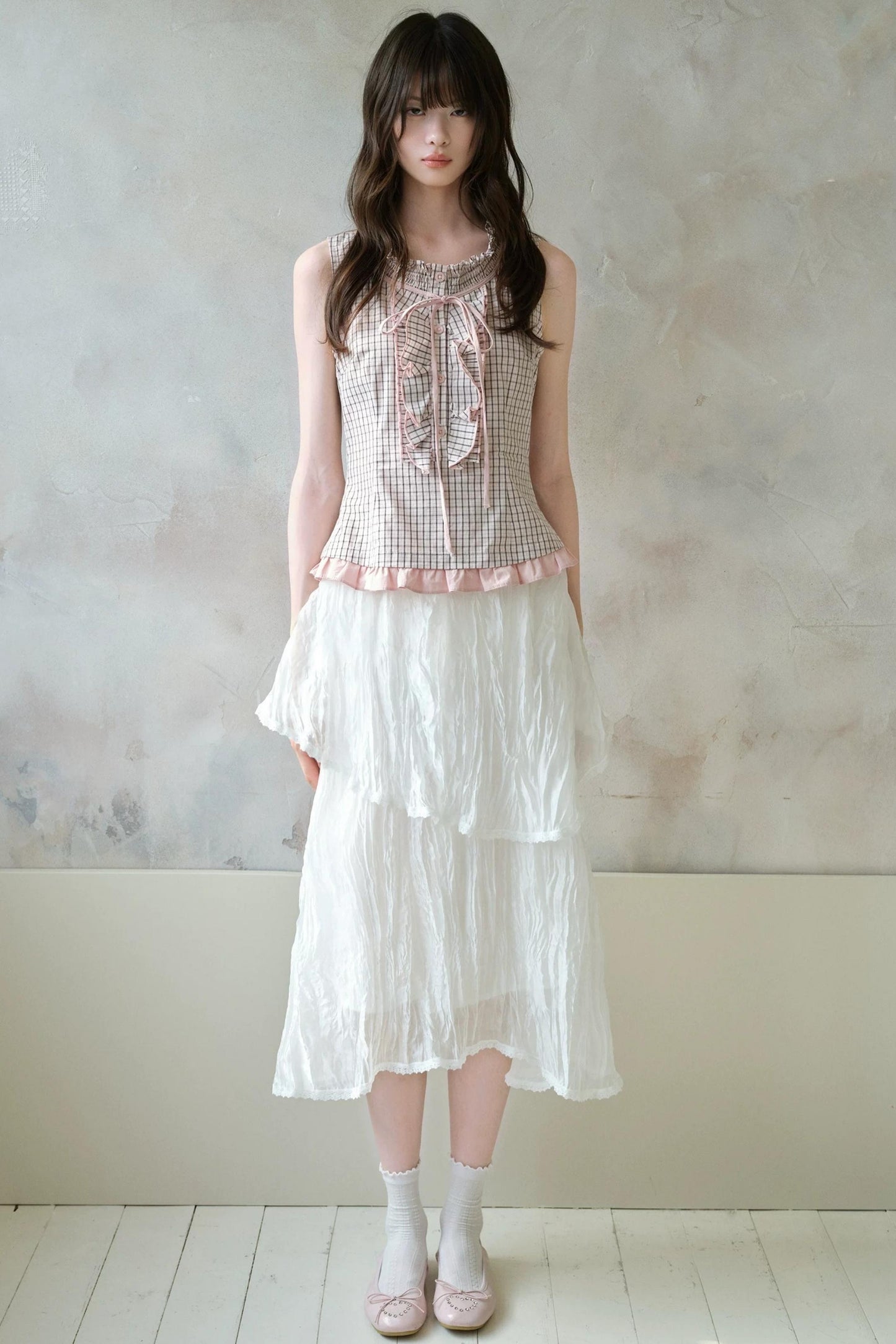 White Pleated Gauze Skirt