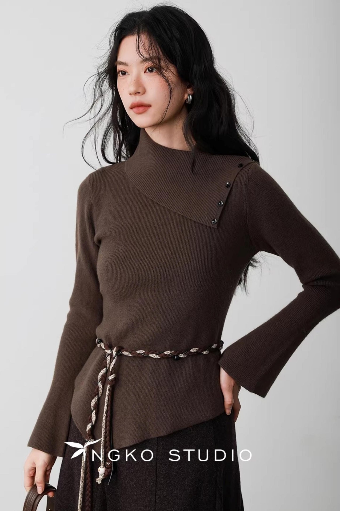 Hollow Slanted Collar Sweater