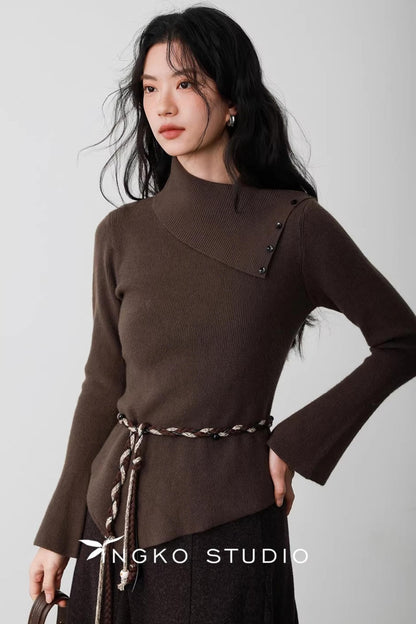 Hollow Slanted Collar Sweater