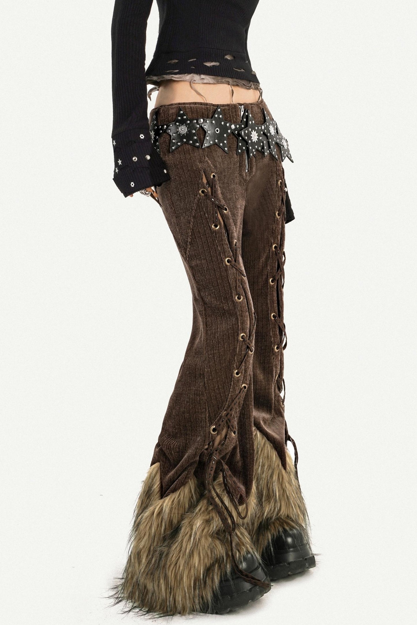 Retro Fur-Trim Corduroy Pants