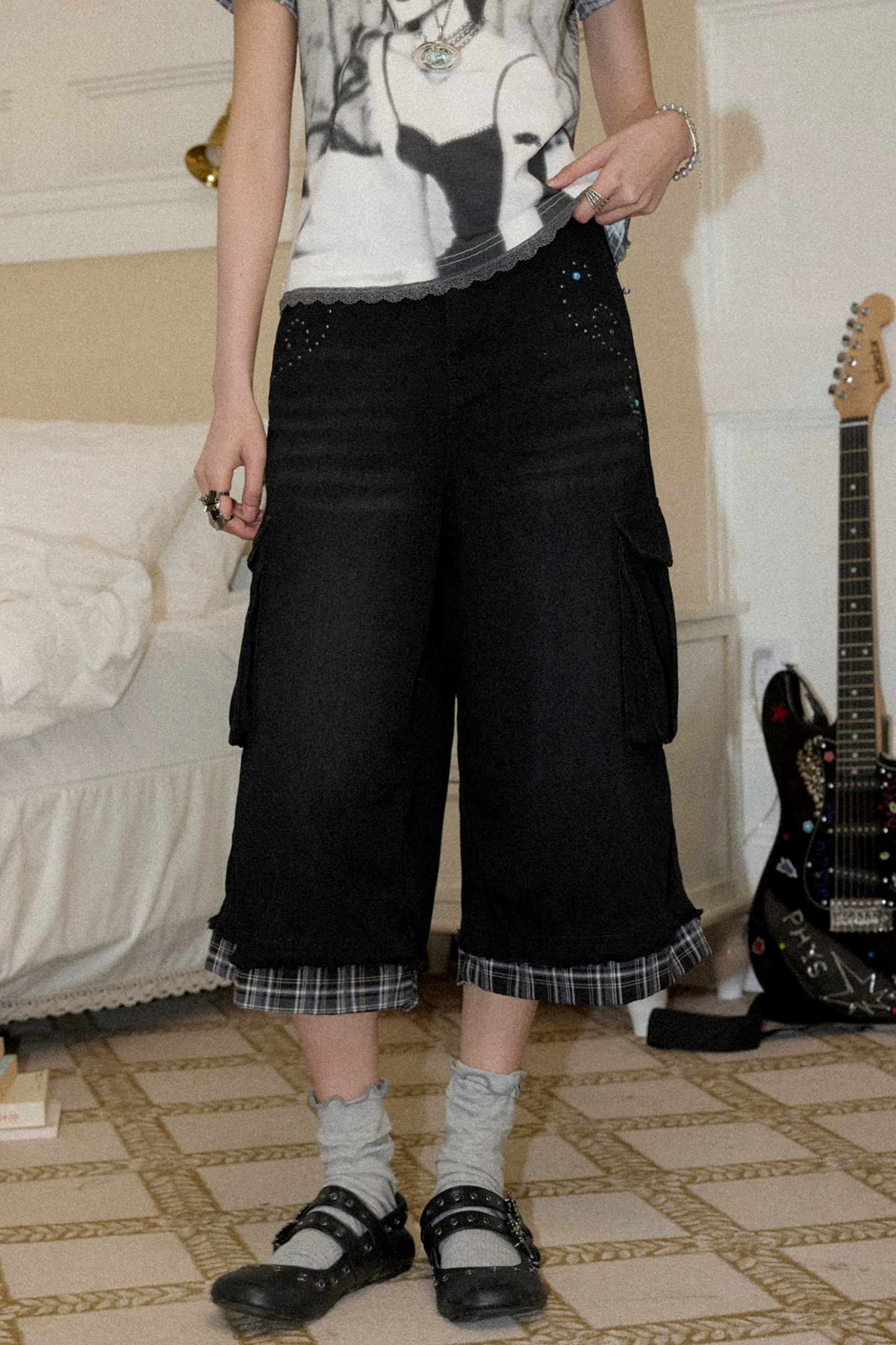 Patchwork Plaid Rhinestone Jeans