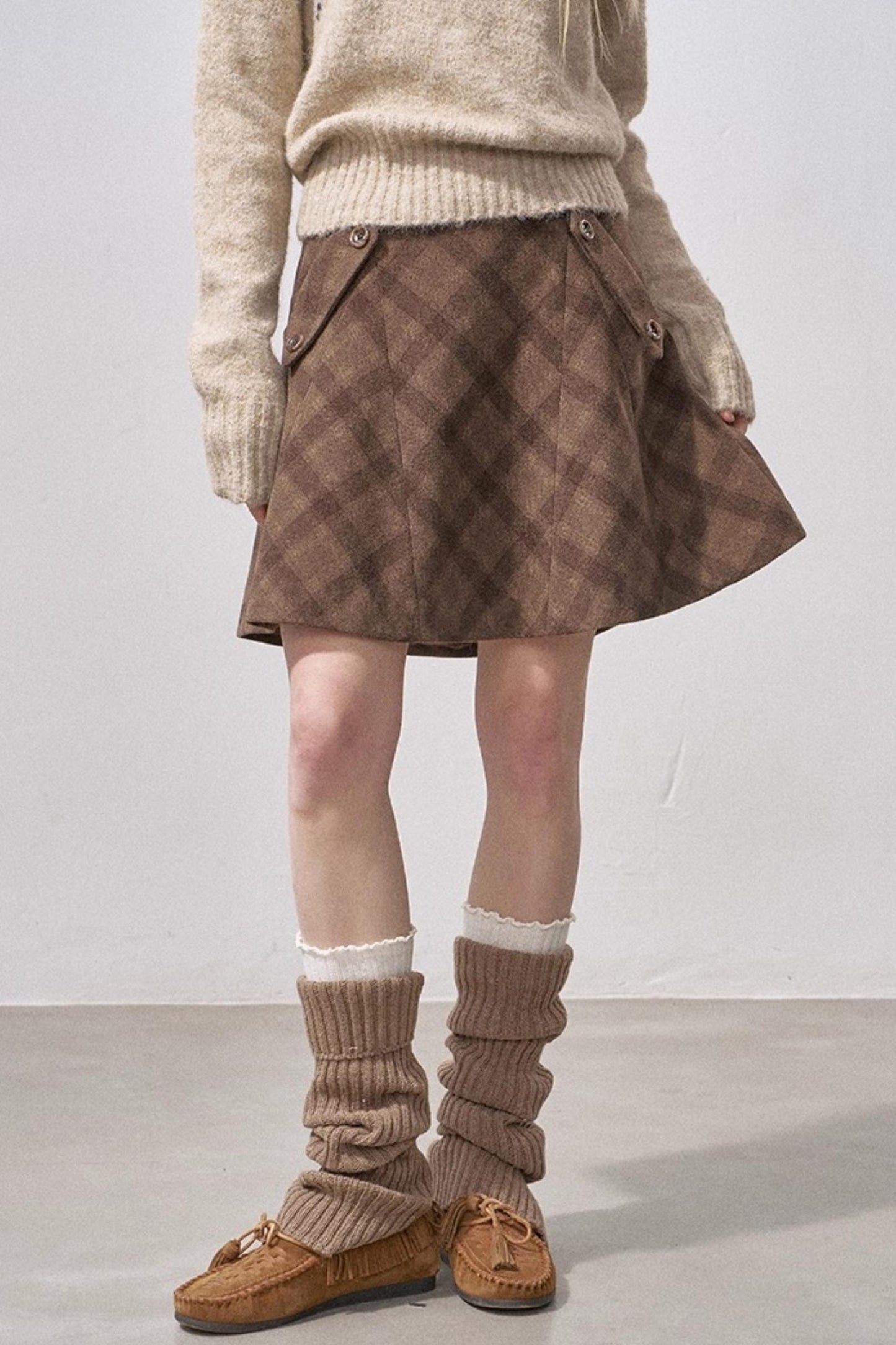 Split Wool Plaid A-Line Skirt