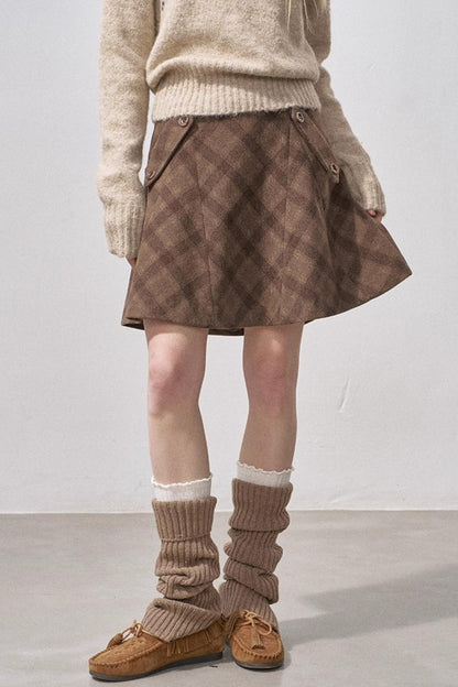 Split Wool Plaid A-Line Skirt