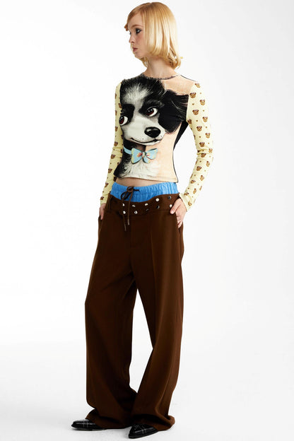 Blue and Brown Contrast Belt Decorative Pants