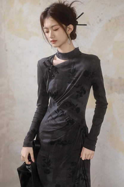 Slim Fit Inkstone Gray Cheongsam Dress