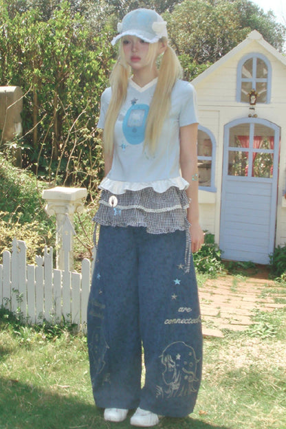 Blue Ruffle V-Neck Tee