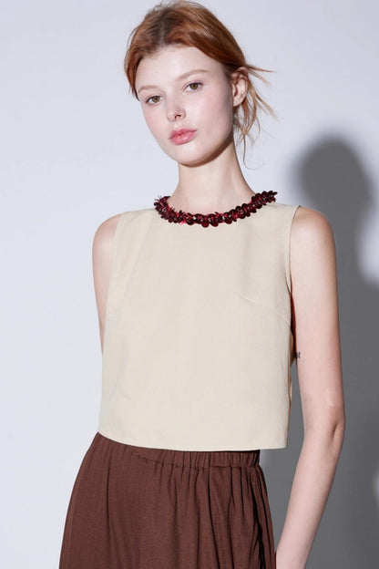 Hand-Beaded Floral Bow Top